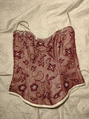 Embellished Wine Red Floral Mesh Corset